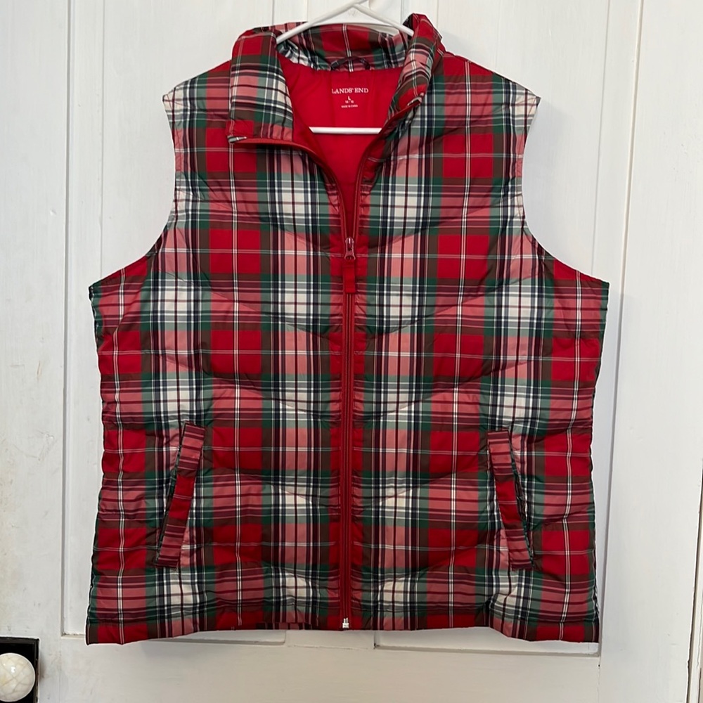 Lands' End Red Plaid Puffer Vest